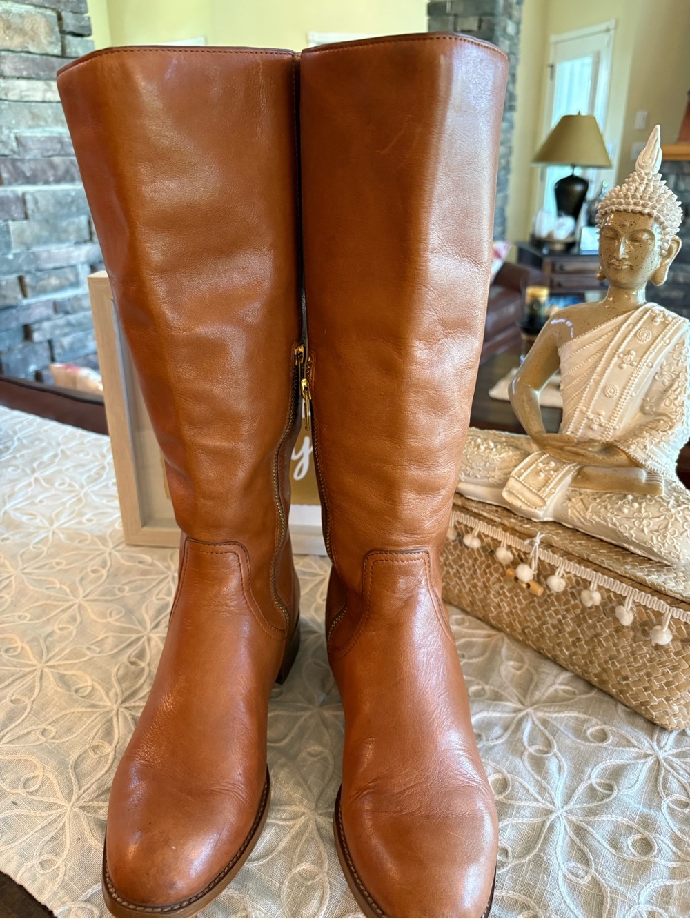 Coach Mirriam Tall Leather Riding Boots Saddle Brown Gold Buckle Size 7.5B
